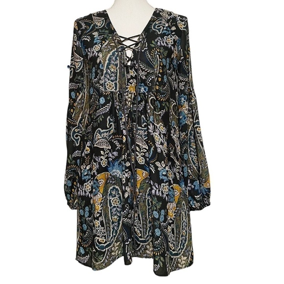 FREE PEOPLE PULLOVER SAGE GREEN FLORAL PAISLEY FLOWY MINI DRESS SIZE MEDIUM - Picture 1 of 12
